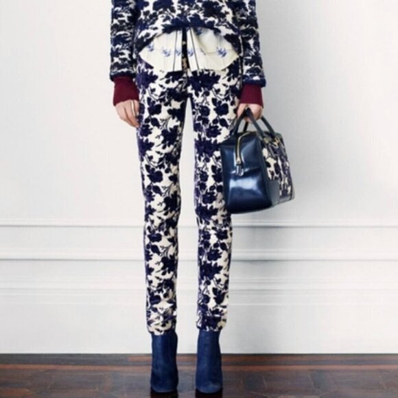 Tory Burch Pants - Tory Burch Dayton Floral Velvet Pants Size 8 Ivory Purple Flocked